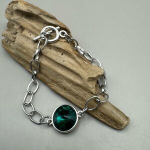 Artisan Silver Chain Bracelet with Deep Green Crystal